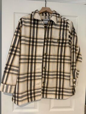 Plaid Button-Up Shacket in Cream and Black